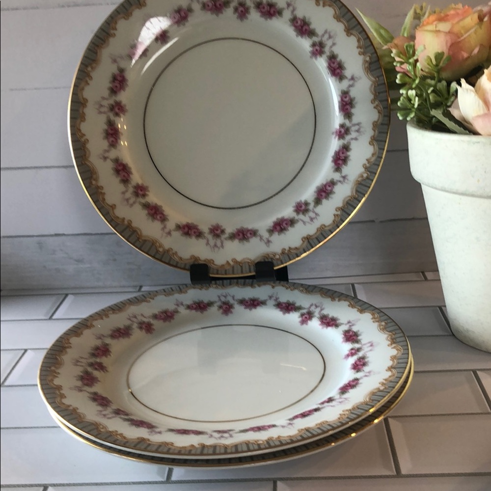 White Porcelain Dinner Plates with Pink Floral and Gold Trim